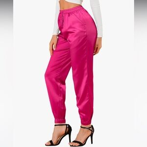 NWT Allegra K Satin Jogger Pants in Fuchsia Pink With Pockets